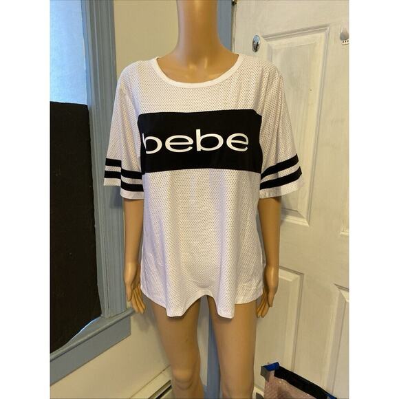 Y2K Bebe Sport Womens L Mesh Jersey White Black Shirt Striped Teamfree Short Slv - Picture 4 of 7